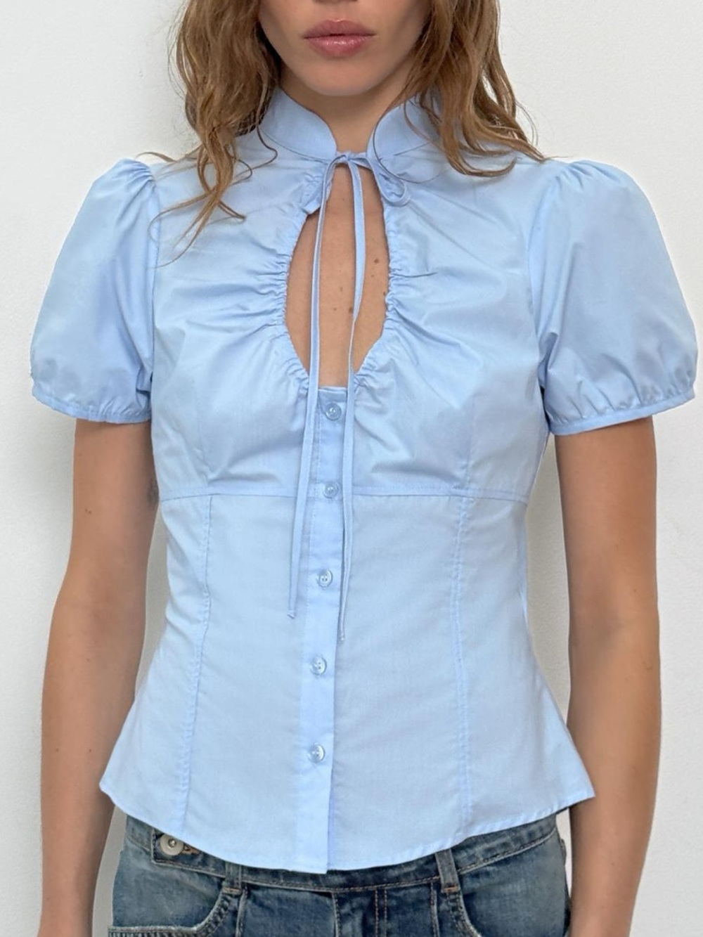 NWT Zara Bow Poplin Top Light Blue M